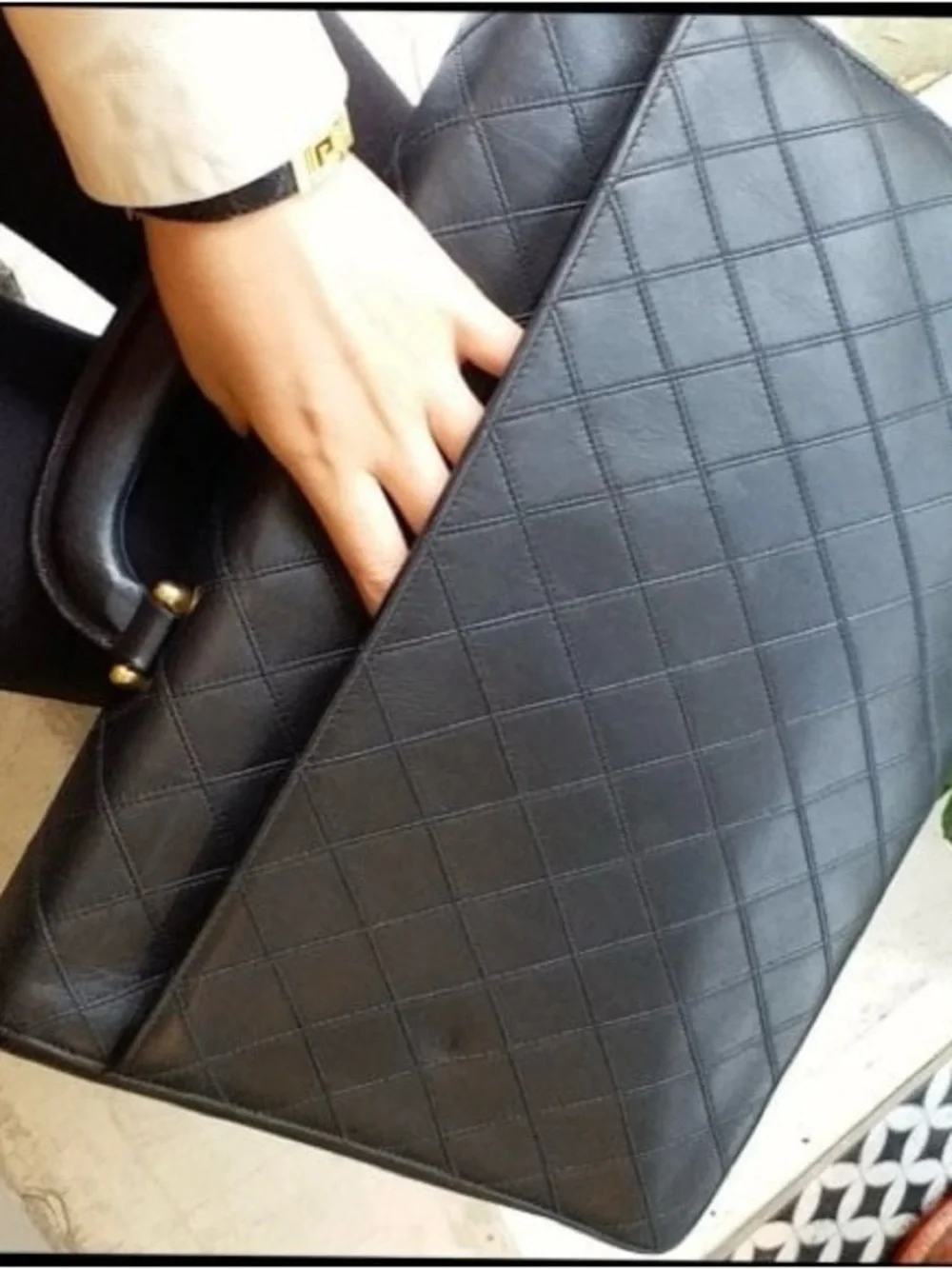 Authentic CHANEL black leather wild stitch vintage unisex briefcase laptop bag